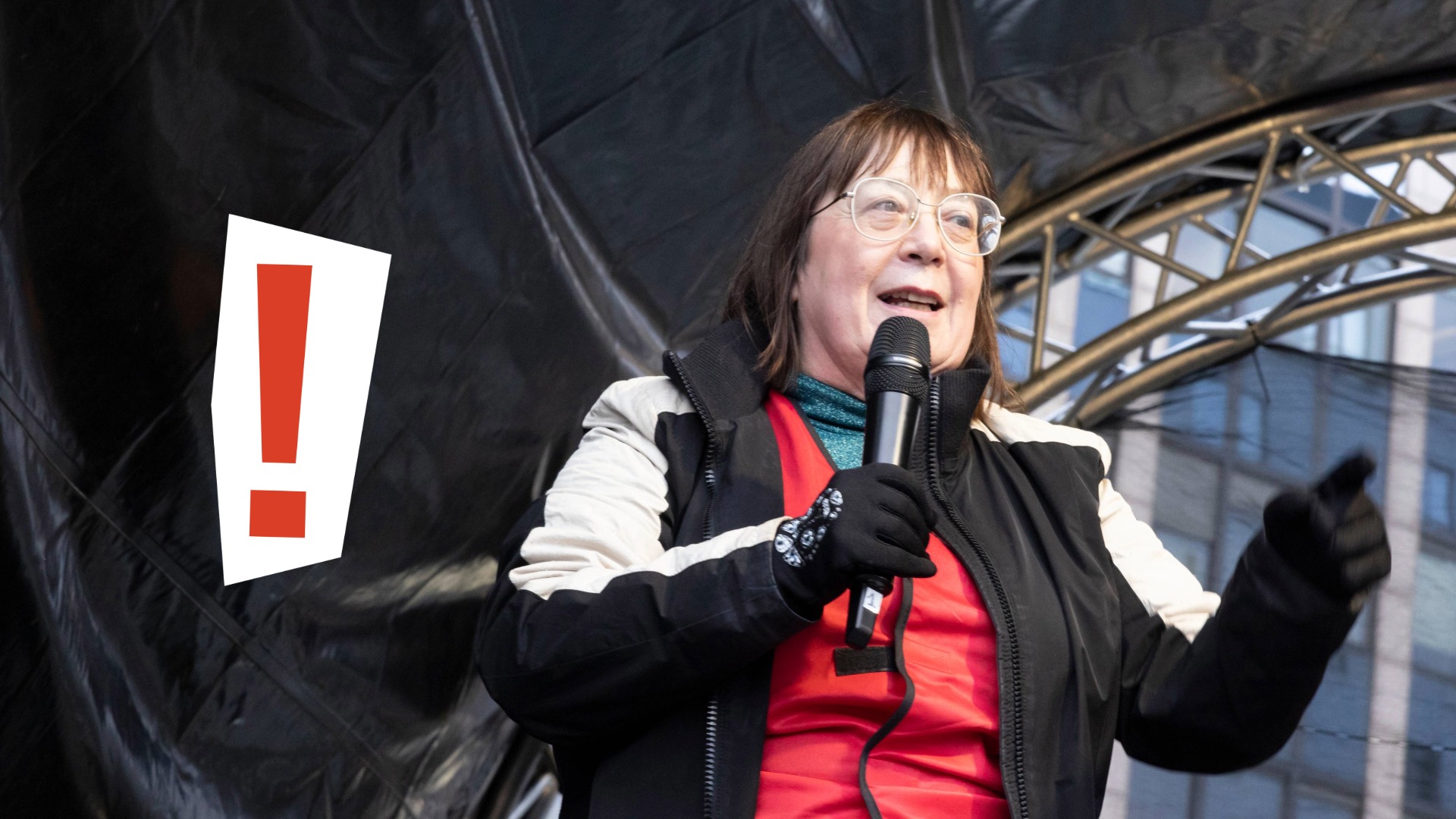 Esther Lynch with symbol of the March of Discontent