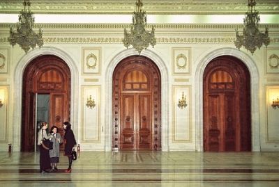 Romanian parliament building with people