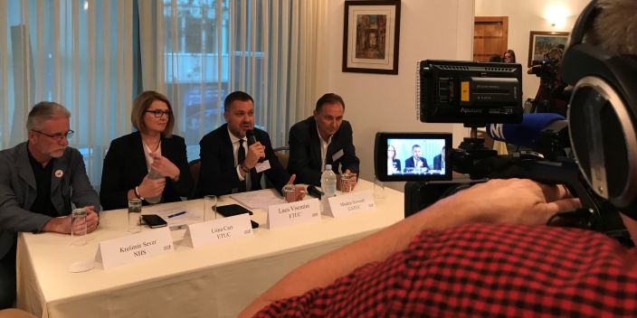 ETUC General Secretary Luca Visentini speaks at the press conference in Zagreb