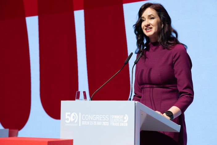 Inga Ruginiene addresses the ETUC Congress in Berlin ahead of her election as Vice-President