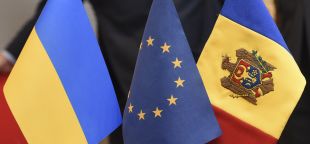 EU flag with Ukraine and Moldovan flags 
