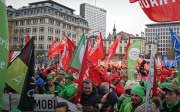 cleaners security workers and food service workers demonstrate for better procurement rules in Brussels