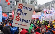 'Save our steel' sign at industriAll Europe demonstration in Brussels on 5 February